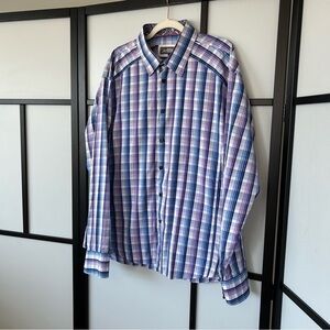 [3XL] Downie Street Men Blue Purple & White Plaid Long Sleeve Cotton Dress Shirt